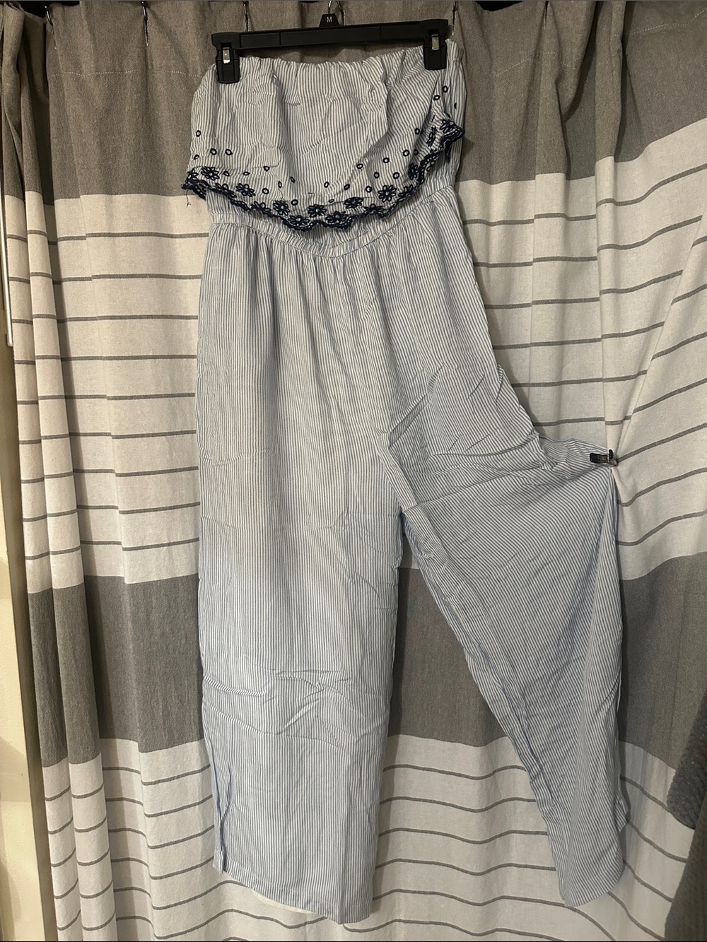 Jessica Simpson Blue & White Striped Strapless Jumpsuit with Navy Embroidery